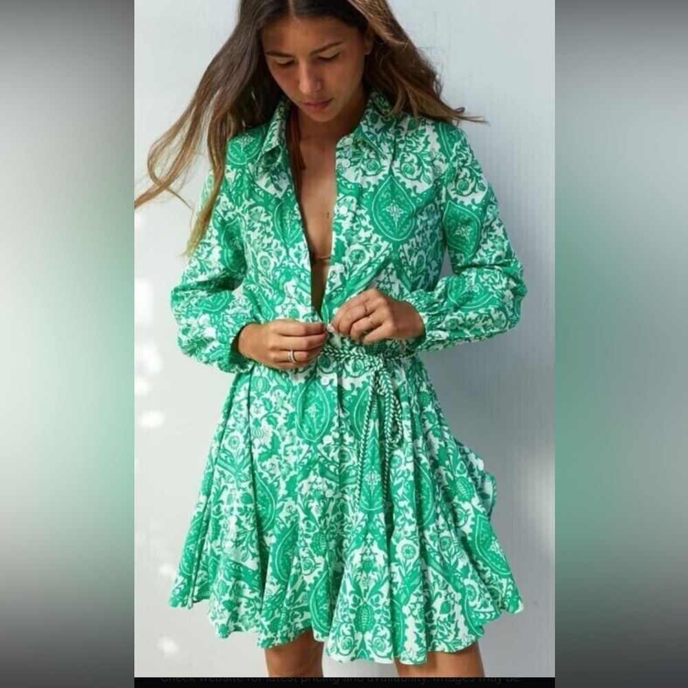 NWOT Zara Belted Green Paisley Floral Mini Flowy Women’s Shirtdress Size Small